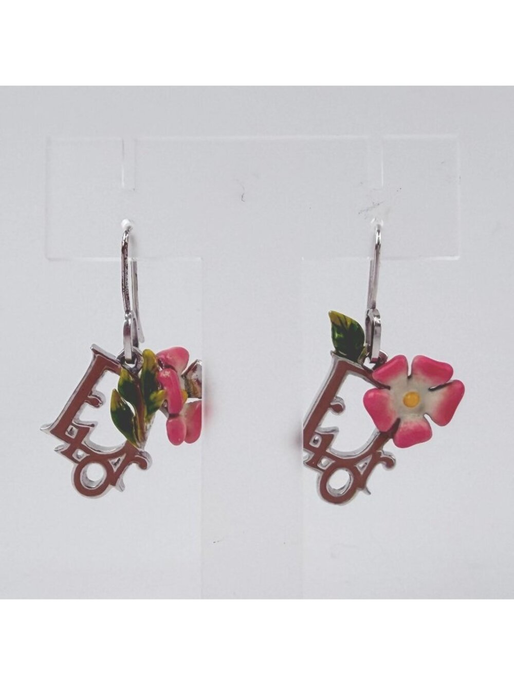 Dior Y2k Enamel Logo Flower Drop Earrings Plated Silver Pink Vintage